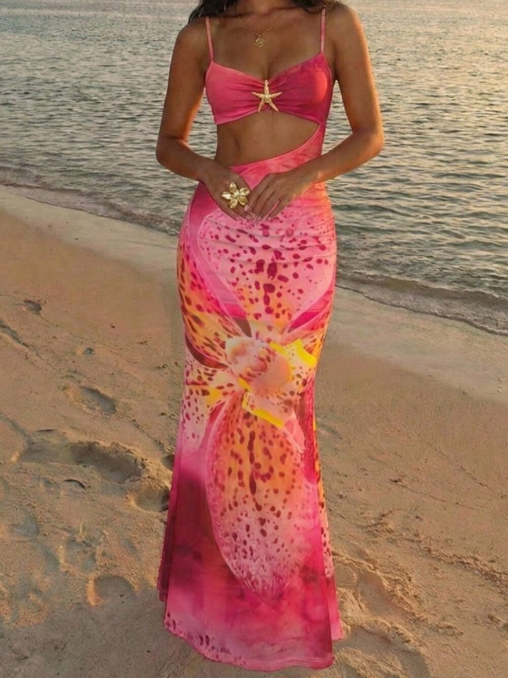 Pink Boho Women's Floral Dress with Starfish Print, Fishtail Hem, Cutout Waist